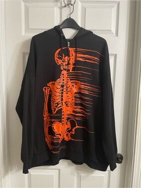 Social Collision Black Zip Hoodie with Bold Orange Skeleton 2/xxl